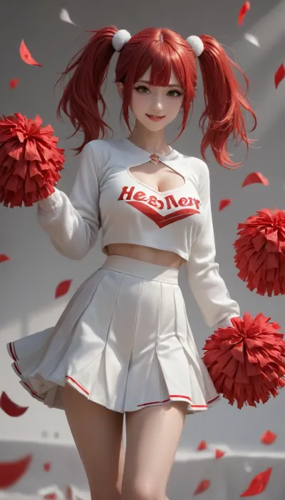 Sexy 18-year-old cheerleader, red and white pom-poms, large breast, cleavage, white sweater with a red letter, white skirt with red fringe, long legs, smiling, red hair, dual ponytails.