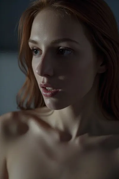 A moody portrait of a woman in a dim late night setting. The sensual scene is lit only by softly diffused ambient light. The woman's features are defined by subtle, soft-focus shadows. The image has a heavy film grain, the colors are heavily desaturated and washed out in a very muted low-contrast underexposed tone. Her red hair is soft and loose. The overall feel is quiet, intimate, and moody.