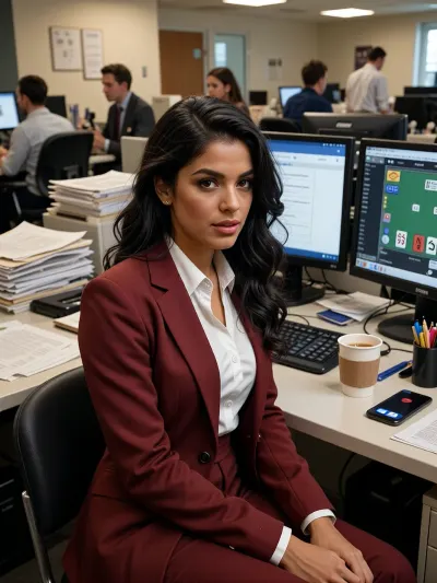 A bustling open-plan office with muted colours and soft ambient lighting. In the foreground, a charismatic Hispanic female office worker, mid-20s, with warm olive skin and expressive dark brown eyes, with long, wavy black hair cascading over one shoulder. She wears a tailored crimson blazer over a crisp white blouse, exuding confidence and professionalism. She sits on an office chair at a cluttered desk, surrounded by stacks of papers, multiple computer screens, and office supplies. Her posture exudes concentration, leaning slightly forward, a subtle smile plays on her full lips. Her computer screens display social media and a game of solitaire. A half-empty coffee cup and a phone with a paused video call sit nearby. In the background, coworkers appear busy, creating a sense of productive energy. The image should have a slightly satirical, Norman Rockwell-esque style, with exaggerated expressions and attention to detail. Use warm, muted tones to create a comfortable atmosphere, contrasting with the subtle tension of feigned productivity. Incorporate dynamic composition with leading lines drawing attention to the main character, while subtle visual cues throughout the scene hint at the facade of busyness.