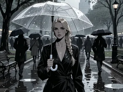 A cinematic noir graphic novel illustration of a beautiful woman walking through a public park among many people on a rainy day, holding a transparent umbrella. She has a calm, reflective expression and blonde hair in a long elegant braid draped over one shoulder. She is the obvious focal point, while other park visitors carrying dark opaque umbrellas and wearing raincoats move through the rainy background. The park contains wet trees, puddles, benches, and reflective pathways under soft gray daylight. Render the scene as a noir graphic novel panel with dramatic black-and-white contrast, deep shadows, selective muted grayscale tones, bold brush-and-ink linework, strong silhouette design, moody rain textures, and graphic storytelling. The woman should be luminous and visually striking within the otherwise darker crowd. The transparent umbrella should remain readable, with rain streaks and beads of water across it. The park should feel atmospheric, urban, wet, and melancholic, with layered crowd composition, realistic anatomy, expressive eyes, realistic hands, wet reflections, and a quietly romantic but noir-inflected mood. The result should feel like a sophisticated modern graphic novel page, not a simple sketch and not photorealistic.
