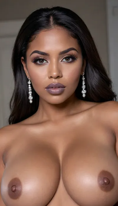 Insanely close up photo of an latin 28-year-old girl, curvy body, latina, black straight hairs, full lips, (((gray lipstick))), butt pose, (((bubble but))), very very big eyes, make up, dark skin, (dark skin cinnamon), (nude:1.2), (naked:1.3), (((no clothes))), (((with elastic big breasts))), (((mono earrings))), (p), (pussy visible:1.3), sexy, beautiful, tanned, with a perfect face, detailed face, (detailed hair, light hairstyle:1.1), (shiny dark skin body, realistic sweat:1.1), straight hairs, black hairs, earrings, nose earrings, Looking at the camera, in a dark room, lots of details, three-dimensional, epic, clear focus, depth of field, professional lighting, full view, 8k photography, HDR, the picture was taken on Canon EOS R5, 75 mm lenst