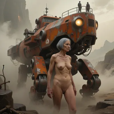 A full-body view at a distance of 6 meters, from head to toe. A cinematic sci-fi fantasy artwork, (an aged nude woman, 70 years old, her skin is that of a 70-year-old woman. The old lady has grey, Small, long, and very saggy breasts, old, wrinkled, and sagging skin, typical of her age of 70, with stretch marks, ((very detailed skin)), . Hair cut in a bob., (masterpiece, best quality, highly detailed:1.2), cinematic concept art of a colossal, weathered, rust-orange mechanical walking ship, futuristic scavenger aesthetic, steampunk influence, textured metal plates, large front headlight glowing warmly, heavy mechanical legs walking through dense atmosphere, two silhouetted human figures standing on top deck, vast mysterious landscape in the background, misty ethereal environment, soft diffused lighting, dramatic shadows, muted earthy color palette, epic scale, intricate machinery, rugged industrial design, oil painting style, brushstrokes, atmospheric perspective, Greg Rutkowski style, Simon Stålenhag aesthetic, volumetric fog.)