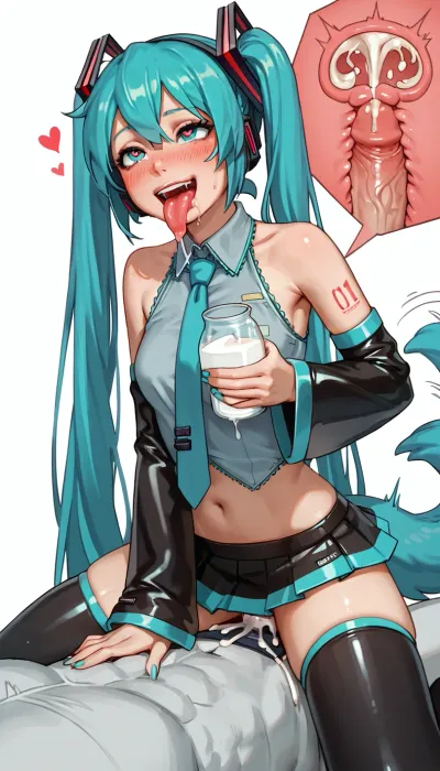 Abmayo, hatsune miku, doggirl, heart eyes, microskirt, breast milk, seductive smile, straddling, huge penis, cum inside, cum overflow, x-ray, open mouth, blushing profusely, drooling, long tongue, tail wagging