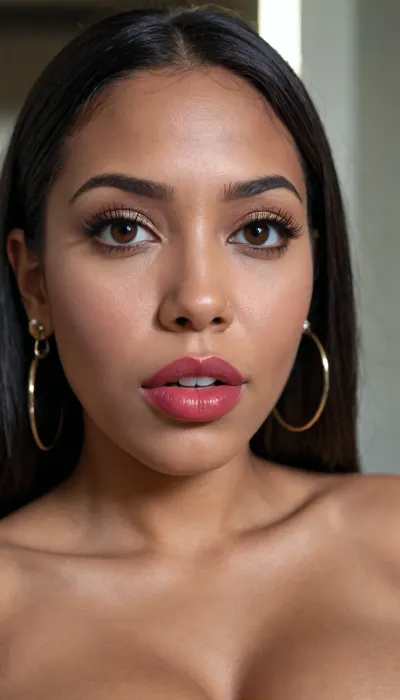 Insanely close up detailed photo of an latin 28-year-old girl, curvy body, latina, black straight hairs, full lips, (((lipstick))), very very big eyes, make up, dark skin, (dark skin cinnamon), (nude:1.2), (naked:1.3), (((no clothes))), (((with elastic big breasts))), (((earrings))), (different poses), (pussy visible:1.3), sexy, beautiful, tanned, with a perfect face, detailed face, (detailed hair, light hairstyle:1.1), (shiny dark skin body, realistic sweat:1.1), straight hairs, black hairs, earrings, nose earrings, Looking at the camera, in a dark room, lots of details, three-dimensional, epic, clear focus, depth of field, professional lighting, full view, 8k photography, HDR, the picture was taken on Canon EOS R5, 75 mm lens