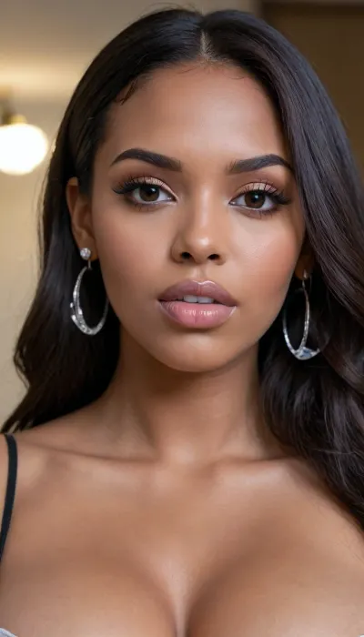 Full-portrait photo of an latin 28-year-old girl, curvy body, latina, black straight hairs, full lips, (((white lipstick))), very big eyes, make up, ((dark skin)), (dark skin cinnamon), (nude:1.2), (naked:1.3), (((no clothes))), (((with elastic big breasts))), (((trasparent bubble earrings))), (pussy visible:1.3), sexy, beautiful, tanned, with a perfect face, detailed face, (detailed hair, light hairstyle:1.1), (shiny dark skin body, realistic sweat:1.1), straight hairs, black hairs, earrings, nose earrings, Looking at the camera, in a modern room, lots of details, three-dimensional, epic, clear focus, depth of field, professional lighting, full view, 8k photography, HDR, the picture was taken on Canon EOS R5, 75 mm lens