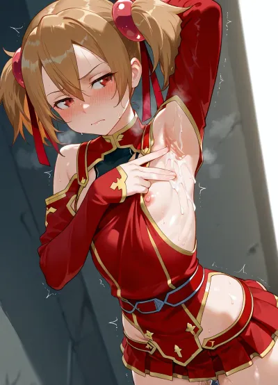absurdres, details, silica sword art online, armpit cutout, tiny, unrealistically flat chest breasts, side boob, afterglow, seductive, nipple slip, breathing, pussy juice, microskirt, trembling, spread armpit, arm up, sideways glance at viewer, blush, frown, sweat, bukkake, cum, <lora:MS_Real_XL_Bukkake:.8>