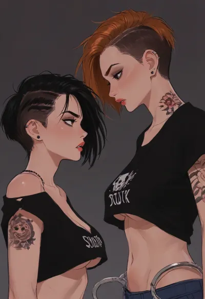 (side perspective), beautiful punk chick with a ripped t-shirt, frayed pleated miniskirt, piercings and tattoos, in a punk club, lesbian haircut, undercut hair, handcuffs, cleavage, back arched, angry, snarling, (hyper detailed), side boob, underboob, sideboob, large saggy breasts, no bra, (SamDoesArts:.9), drawing, (J_cartoon:1.3), (incase:.5), <lora:SDXLSamDoesArts:.5>, <lora:mk_Bp Anime_xl:.2>, <lora:EnvyAnimeDigitalPaintingXL01:.1>, <lora:ratatatat74-000050:.1>, <lora:J_cartoon:.1>