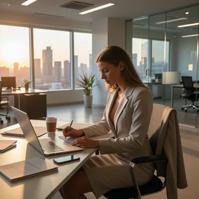 A photorealistic, cinematic scene in a bright modern office at sunrise. A stylish and confident young businesswoman is the first person to arrive, working quietly at her desk while the city begins to wake outside enormous panoramic windows. She is the clear focal point of the image, shown in a natural three-quarter composition at a sleek contemporary workstation. She wears an elegant tailored business suit or sophisticated professional dress, polished and modern without looking like a fashion model. Her blazer may be draped neatly over the back of her chair while she works. Her laptop is open beside organized documents, a notebook, smartphone, pen, and a fresh cup of coffee. She studies something on the screen while making precise handwritten notes, completely focused on preparing for the day ahead. Her expression is calm, intelligent, determined, and self-assured, showing concentration rather than posing for the camera. The open-plan office around her is mostly empty and perfectly still, with glass meeting rooms, modern desks, subtle plants, clean architectural lines, and soft reflections in polished surfaces. A few distant lights remain on, but the space is illuminated primarily by warm early-morning sunlight. Outside the panoramic windows, the modern city skyline is bathed in soft golden sunrise light. Long gentle shadows stretch across the office floor, creating a refined contrast between warm sunlight and the cooler tones of the quiet interior. The atmosphere should communicate discipline, preparation, ambition, professionalism, and quiet confidence, the private moment before the busy working day begins. highly detailed, photorealistic, realistic skin texture, realistic hands, natural posture, sophisticated modern office, sunrise light, soft cinematic lighting, elegant business style, subtle visual storytelling, premium editorial photography, competition-quality image