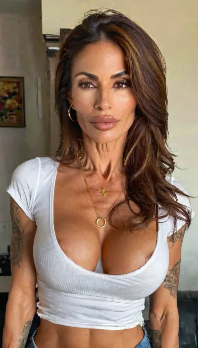 lazy eye, fake round tits, nice ass, white tee and blue jeans, ((old, 50yo)), handcuffed, gold hoop earrings, nose ring, tattoos, sexy neck, ((old brown hair mom woman)), (tan skin), (skinny muscle), (beautiful Mexican instagram model face), (fit body), very beautiful, perfect skinny body, perfect face, looking at the camera, perfect eyes, (skinny fit), pretty, snub-nosed, long hair, 4ng3l, face, QuarterCup, bmbplora, <lora:clothed_small:1.8>, <lora:SDXL_BetterFaces-LoRA_v1:.8>, <lora:QuarterCupXL:.8>, <lora:bimboxl_02:.8>