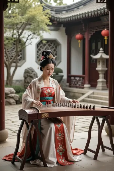 A Chinese court lady plays the zither in the courtyard of an elegant estate., in ancient chinese time