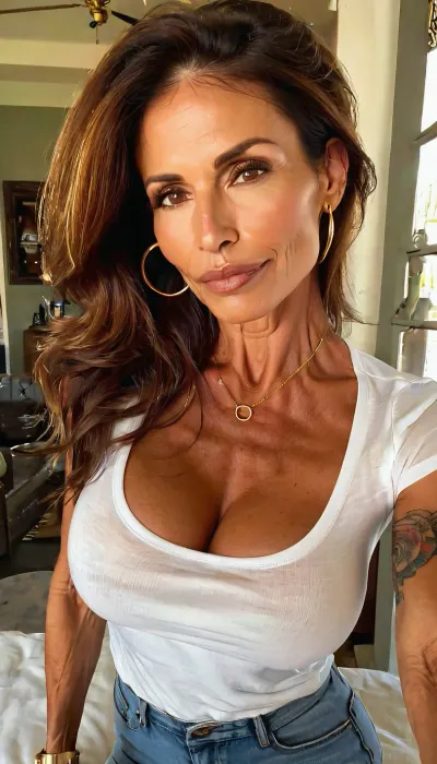 lazy eye, fake round tits cleavage, thigh gap, white sheer tshirt and blue jeans, ((old, 50yo)), handcuffed, gold hoop earrings, nose ring, tattoos, sexy neck, ((old brown hair mom woman)), (tan skin), (skinny muscle), (beautiful Mexican instagram model face), (fit body), very beautiful, perfect skinny body, perfect face, looking at the camera, perfect eyes, (skinny fit), pretty, snub-nosed, long hair, 4ng3l, face, <lora:clothed_small:1.8>, <lora:SDXL_BetterFaces-LoRA_v1:.8>