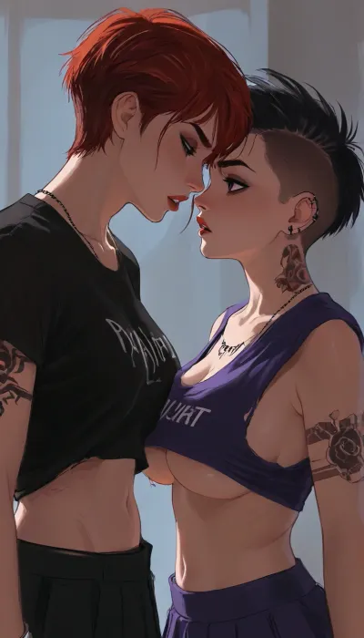 (side perspective), beautiful punk chicks with a ripped t-shirt, grabbing each other's breasts, about to kiss, (squeezing boobs), frayed pleated miniskirt, piercings and tattoos, in a punk club, lesbian haircut, undercut hair, handcuffs, cleavage, back arched, angry, snarling, (hyper detailed), side boob, underboob, sideboob, large saggy breasts, no bra, (SamDoesArts:.9), drawing, (J_cartoon:1.3), (incase:.5), <lora:SDXLSamDoesArts:.5>, <lora:mk_Bp Anime_xl:.2>, <lora:EnvyAnimeDigitalPaintingXL01:.1>, <lora:ratatatat74-000050:.1>, <lora:J_cartoon:.1>