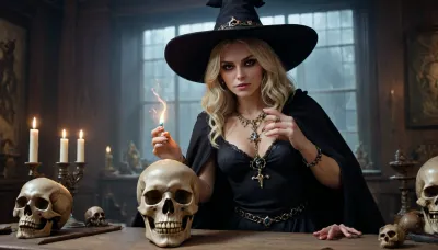 Wizard School, the witch with hat, ((sexy witch outfit:1)), lots of skin showing, black cape, blonde hair, jewelry, Necklace, Rings, on display skull, zcaster, <lora:Spellcaster_v4:1>