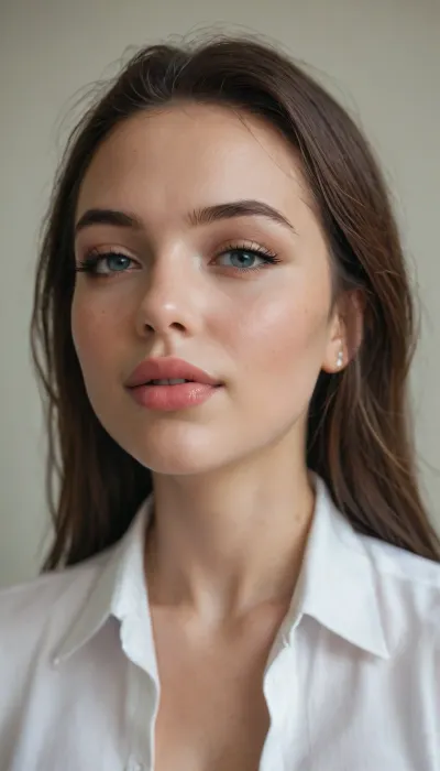 UHD 8K, Portait of a stunning gorgeous milf, extremely beautiful pretty face, heavy professional makeup, (perfect beauty:1.8), perfect lips, view from the front, big heavy tits, licking lips with tip of the tongue