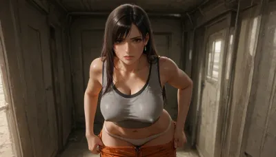 high quality, photorealistic, in messy old spaceship, electronic s-f devices, woman, tifa lockhart, dirty, sweating, (black long hair), freckles, slim, (orange cargo pants), (grey tank top), (big erect nipples), undressing, white panties, (pulling down pants), (looking at viewer)