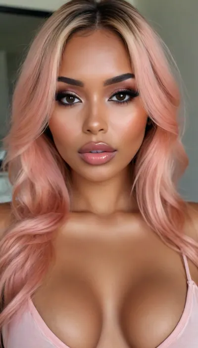 (1woman), 28 years old, ((curvy body)), Close-up girl, latin woman, ((round face)), (((brown skin))), (((full lips))), grey lipstick, closed mouth, small cute nose, standing, face, (((round medium breasts))), (((flat long peach puff hair))), (((oiled skin))), (detailed black eyes), (((slut makeup))), long big thick, (high resolution image), (perfect face), sexy, beauty, (ultra realistic:1.7), (maximum quality:1.5), (high resolution:1.7), (extreme detail:1.5), (ultra realism:1.6), 8k, he, photo was taken by Canon Eos, (maximum detailed skin:1.6), (((I was offended))), melanin, <lora:BUT_SDXL_SHS:.8>, <lora:melanin-XL:2>