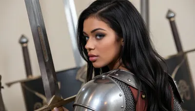 A beautiful mulatto, tanned girl with long black hair, lipsticked lips and makeup. Black eyelashes, a small, straight and pointed nose. Light blue eyes. Medieval times, a girl knight in armor. She stands with her back to us, her ass visible from the armor, she holds a sword in her hand. In the background there is a sword war.