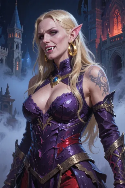 Dungeons&Dragons style, full body portrait, female olf lady vampiress, fang, gold long hair, large gold earings, fog high-castle background, anatomically correct, textured tactile thick expressive brushstrokes, Impasto, Realistic, oil painting, texture, dark purple and blue and light red palette