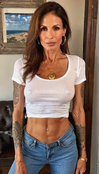 lazy eye, fake round tits cleavage, thigh gap, white sheer tshirt and blue jeans, ((old, 50yo)), handcuffed, gold hoop earrings, nose ring, tattoos, sexy neck, ((old brown hair mom woman)), (tan skin), (skinny muscle), (beautiful Mexican instagram model face), (fit body), very beautiful, perfect skinny body, perfect face, looking at the camera, perfect eyes, (skinny fit), pretty, snub-nosed, long hair, 4ng3l, face, <lora:clothed_small:1.8>, <lora:SDXL_BetterFaces-LoRA_v1:.8>, braless, Wearing, clothes, that, make, sense, with, Braless>, <lora:bralessSDXL_v1_00022:.8>