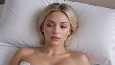 A serene and intimate portrait, (blonde whore:1.5), lying completely nude on her back across a pristine white bed. Her her eyes are closed, revealing a peaceful and vulnerable expression. Her body displays the natural characteristics of her age, featuring medium perky large breasts with darke nipples, and her pubic area is naturally hairy. The bedroom setting is minimalist and clean, featuring white sheets and pillows. The lighting is soft, diffused natural light coming from the side, illuminating her features and casting gentle shadows across her body and the cast. The overall mood is calm, restful, and intimate, capturing a moment of recovery with a high-key, clean aesthetic., melanin, realistic, real, face, hyper, realsitic, influencer, insta, beautiful, sexy, pretty, <lora:melanin-XL:.8>, <lora:Realistic_Insta_InfluencerV1.0:.8>