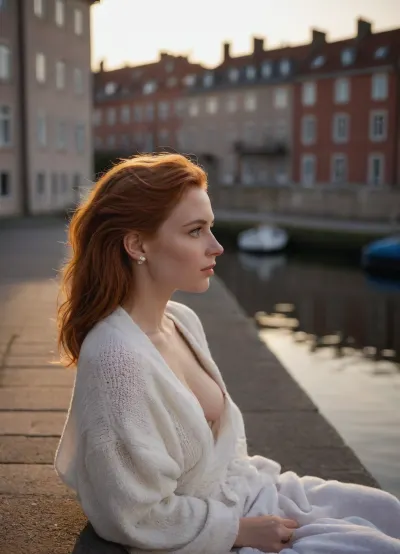 Front side view of a 25yo Scandinavian woman, a spring morning, morning warm sunrise light, she is sitting near a boardwalk by the harbor in a city canal, leaning against a low stony wall, (facing the water front), 5 story old-city buildings in the background, a few cars passing by in the background, a blanket covering her partly, secretly mastubating, secretly fingering herself, fantasizing about her lover, wearing white iPhone earplugs, a loose sweater with big neck revealing the top of her chest, redhead hair in a makeshift hold with a plastic barrette hair clip, morning messy hair, a bag beside her and a folded towel and a folded swimsuit, big nose in profile, full lips, slightly chubby, skirt