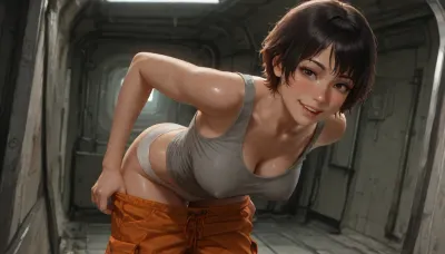 high quality, photorealistic, in messy old spaceship, electronic s-f devices, woman, dirty, sweating, (black short hair), freckles, slim, (orange cargo pants), (grey tank top), (big erect nipples), undressing, white panties, (pulling down pants), smile, happy, excited, (looking at viewer)