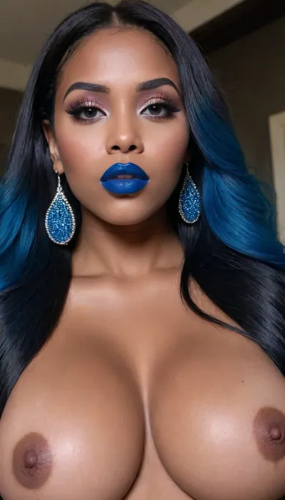 Insanely close up detailed photo of an latin 28-year-old girl, curvy body, latina, black straight hairs, full lips, (((blue straight long hairs))), (((blue puff lipstick))), very big eyes, eyes shade make up, dark skin, (dark skin cinnamon), (nude:1.2), (naked:1.3), (((no clothes))), (((with elastic big breasts))), (((bubble earrings))), (different poses), (showing her butts), (pussy visible:1.3), sexy, beautiful, tanned, with a perfect face, detailed face, orgasm face, (detailed hair, light hairstyle:1.1), (shiny dark skin body, realistic sweat:1.1), straight hairs, black hairs, earrings, nose earrings, Looking at the camera, in a dark room, lots of details, three-dimensional, epic, clear focus, depth of field, professional lighting, full view, 8k photography, HDR, the picture was taken on Canon EOS R5, 75 mm lens