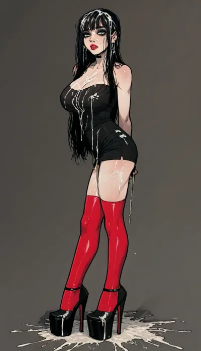 ((Melkor mancin mix markgavatino)), (incase style:1.2), white background, masterpiece, solo, ((cum covered hair:1.5)), (cum on platform heels:1.5), bimbo body, perfect hourglass, huge breasts, long legs, goth makeup, bright red lipstick, ((very long black hair, fringe)), black tube top, (red stockings with garters), (black high heels with platform:1.6), ratatatat74, <lora:LCMTurboMix_Euler_A_fix:.6>, <lora:ratatatat74-000050:1.4>, <lora:Tsune_XL:1.6>, <lora:mk_Bp Anime_xl:1.8>, <lora:EnvyBeautyXL02:1.5>