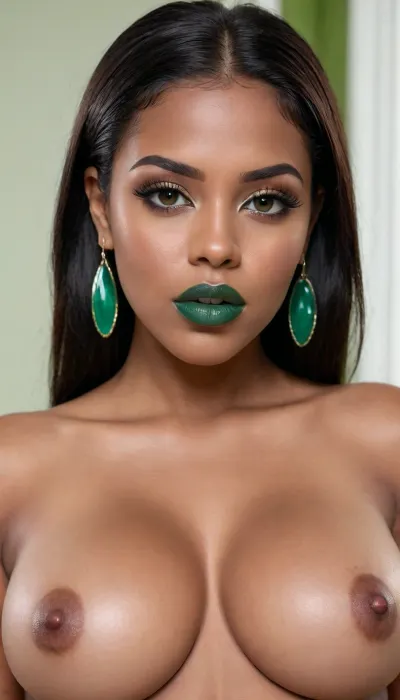 Full-portrait insanely detailed photo of an latin 28-year-old girl, curvy body, latina, black straight hairs, full lips, (((green lipstick))), very big eyes, make up, ((dark skin)), (dark skin cinnamon), (nude:1.2), (naked:1.3), (((no clothes))), (((with elastic big breasts))), (((green nipples))), (((green eye shadow))), (((green bubble earrings))), (pussy visible:1.3), sexy, beautiful, tanned, with a perfect face, detailed face, (detailed hair, light hairstyle:1.1), (shiny dark skin body, realistic sweat:1.1), straight hairs, black hairs, earrings, nose earrings, Looking at the camera, in a modern room, lots of details, three-dimensional, epic, clear focus, depth of field, professional lighting, full view, 8k photography, HDR, the picture was taken on Canon EOS R5, 75 mm lens