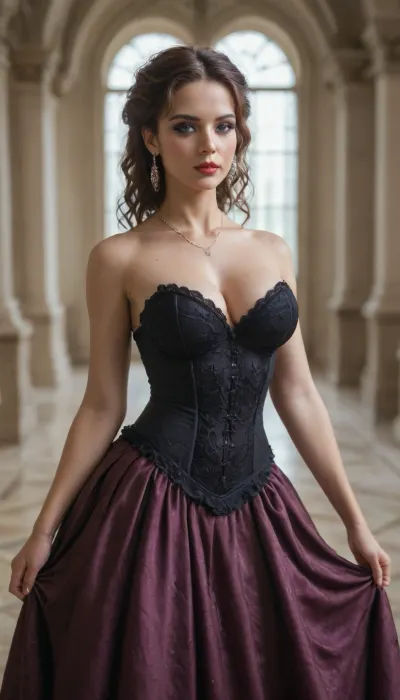 shallow depth of field, 85mm lens, ((18-year-old)), beautiful, athletic, ((young)), petite, super model, ((black eye shadow)), brunette hair with purple highlights, (((Mahogany skin tone))), ((tight large breasts)), ((opulent 18th century Court Rococo Baroque Ball Dress)), ((Victorian Palace)), direct eye contact, warm glow, cinematic atmosphere