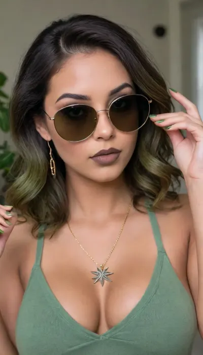 Insanely photo of an latin 28-year-old girl, curvy body, latina, (((body covered by marijuana))), green olive straight hairs, full lips, (((green olive lipstick))), (((big black rectangular sunglasses))), (((holding so much marijuana in her hands))), butt pose, (((green olive necklace))), (((green olive nails))), very very big eyes, make up, dark skin, (dark skin cinnamon), (nude:1.2), (naked:1.3), (((no clothes))), (((with elastic big breasts))), (((mono earrings))), (p), (pussy visible:1.3), sexy, beautiful, tanned, with a perfect face, detailed face, (detailed hair, light hairstyle:1.1), (shiny dark skin body, realistic sweat:1.1), straight hairs, black hairs, earrings, nose earrings, Looking at the camera, in a dark room, lots of details, three-dimensional, epic, clear focus, depth of field, professional lighting, full view, 8k photography, HDR, the picture was taken on Canon EOS R5, 75 mm lenst