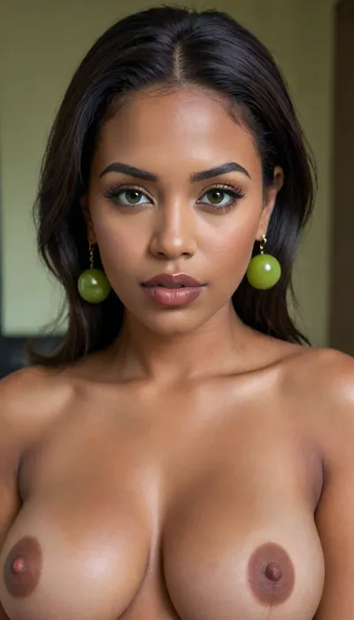 Full-portrait insanely detailed photo of an latin 28-year-old girl, curvy body, latina, black straight hairs, full lips, (((green olive lipstick))), very big eyes, make up, ((dark skin)), (dark skin cinnamon), (nude:1.2), (naked:1.3), (((no clothes))), (((with elastic big breasts))), (((green bubble earrings))), (pussy visible:1.3), sexy, beautiful, tanned, with a perfect face, detailed face, (detailed hair, light hairstyle:1.1), (shiny dark skin body, realistic sweat:1.1), straight hairs, black hairs, earrings, nose earrings, Looking at the camera, in a modern room, lots of details, three-dimensional, epic, clear focus, depth of field, professional lighting, full view, 8k photography, HDR, the picture was taken on Canon EOS R5, 75 mm lens
