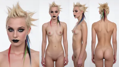 Four photos of the same woman in a single image.
On the left is a portrait of the woman, then, from left to right, a full-body shot from the front, a full-body shot from the side, and a full-body shot from the back.
A naked 20-year-old punk woman, with small breasts and a perfectly shaved vagina, short hydrogen-blonde hair sticking out in all directions, with several intensive strands of different colors, (red, green, blue, pink), darkly made-up eyes, black lipstick, looks aggro. white background