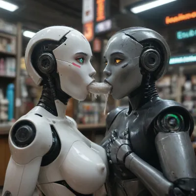 (a female robot is sucking on a white dildo:2.2), (Sci-Fi city:.9), (neon lights:.8), (metallic white wet dildo:1.2), (green accents on robot:.95), (behind a store window:.9), (LEDs as nipples:.9)