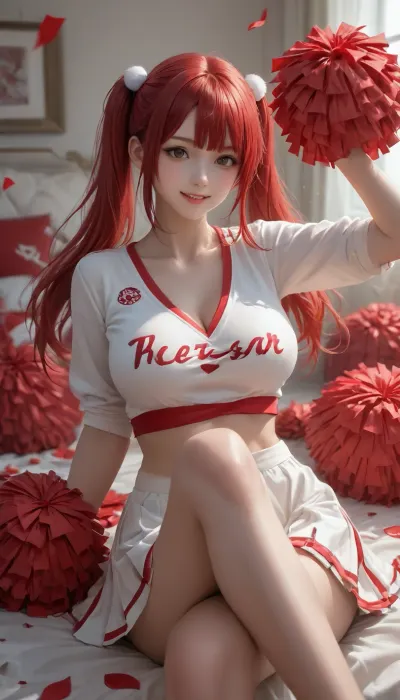Sexy 18-year-old cheerleader, red and white pom-poms, large breast, cleavage, white sweater with a red letter, white skirt with red fringe, long legs, smiling, red hair, dual ponytails.