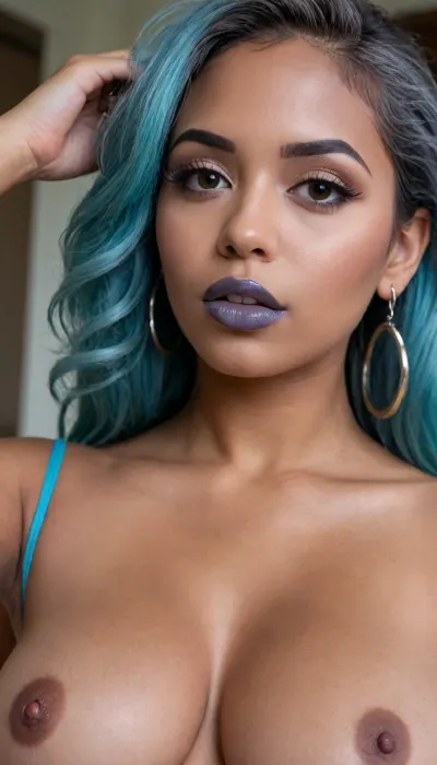 Insanely close up detailed photo of an latin 28-year-old girl, (((blue hairs))), curvy body, latina, black straight hairs, full lips, (((grey lipstick))), very big eyes, eyes shade make up, dark skin, (dark skin cinnamon), (nude:1.2), (naked:1.3), (((no clothes))), (((with elastic big breasts))), (((bubble earrings))), (different poses), (showing her butts), (pussy visible:1.3), sexy, beautiful, tanned, with a perfect face, detailed face, orgasm face, (detailed hair, light hairstyle:1.1), (shiny dark skin body, realistic sweat:1.1), straight hairs, black hairs, earrings, nose earrings, Looking at the camera, in a dark room, lots of details, three-dimensional, epic, clear focus, depth of field, professional lighting, full view, 8k photography, HDR, the picture was taken on Canon EOS R5, 75 mm lens