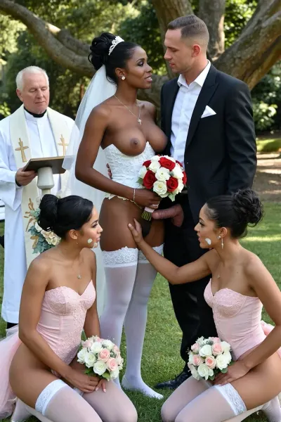 The ultra black skin afro bride and white skin groom stand facing each other before an elderly priest. before the groom two afro ultra black skin bridesmaids are kneeling down, with realistic shot of white cum on their face and boobs. The priest stands behind a small, festively decorated lectern. The uktra black skin bride lovingly touches the groom's erect penis. The groom lovingly touches the bride's vagina., (The beautiful, slender, naked bride wears her dark hair in an elaborate, professional updo, she is wearing white nylon stockings, an intricately embroidered white open-bust corset, and a silver necklace with a small silver heart-shaped pendant. The bride's vagina is perfectly shaved, not a single hair or bit of stubble is visible. Her breasts are big and natural but firm. The bride looks happy, it is evident that this is the most beautiful day of her life. The ultra black skin bride holds a bridal bouquet in front of her body with both hands, the bouquet consists of red and white roses.), (The naked groom has an erect penis and is wearing only a black tailcoat and a white button-up shirt. short brown hair with a side part. The groom gazes lovingly at his bride.), (The bridesmaids also have their hair in updos, both are wearing pastel pink nylon stockings and pastel pink open-bust corsets. The bridesmaids' vaginas are also perfectly shaved. They are happy and delighted for the bride. The bridesmaids also each hold a small bouquet in front of their bodies with both hands, the bridal bouquet consists of white and pastel pink flowers.), A sunny summer day in the garden, in the background, several large, old trees providing shade are visible. However, the women are in full sunlight.