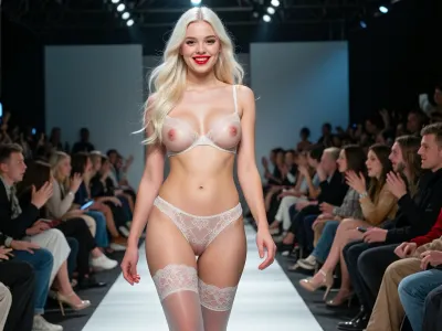 (masterpiece, best quality, highres, photorealistic), model contest, a stunning 18-year-old white blonde girl walking on a catwalk, surrounded by a captivated crowd observing her with visible excitement, girl, youthful features, silky smooth fair skin, impossibly slim waist accentuating her perfect curves, medium, round, and firm breasts, radiant and flawless complexion, red lipstick, heavy Make-up, wearing sexy see-trough pant with lace, she is wearing a sexy see-trough bra with lace, wearing stocking, wearing high-heels, silky golden blonde hair cascading down her back, cinematic lighting highlighting her glowing skin, her fully exposed anus clearly visible, ultra-sharp focus, ultra-high resolution, vibrant and dynamic composition, lifelike anatomy with no distortions, exceptional clarity and contrast.

sexy see-trough bra covered her breast, she is smiling