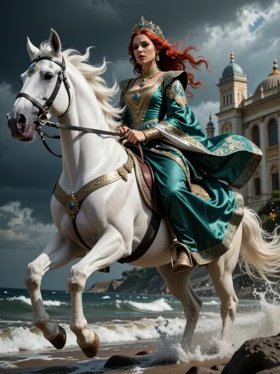 A cinematic wide shot from a low angle, in which Roxelana, (Hürrem Sultan), is seen in a dramatic pose, galloping at full speed on a majestic white Arabian steed along a stormy seashore. She wears an exquisite 16th-century Ottoman silk caftan in an emerald green colour and a flowing crown. The wind blows her bright auburn hair about. Award-winning anatomical accuracy. In the background, a majestic 16th-century palace, dramatic lighting, ultra-high detail, a photographic masterpiece, photorealism