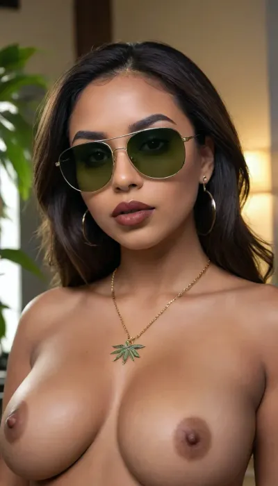 Insanely photo of an latin 28-year-old girl, curvy body, latina, black straight hairs, full lips, (((green olive lipstick))), (((big black rectangular sunglasses))), (((holding marijuana))), butt pose, (((necklace))), very very big eyes, make up, dark skin, (dark skin cinnamon), (nude:1.2), (naked:1.3), (((no clothes))), (((with elastic big breasts))), (((mono earrings))), (p), (pussy visible:1.3), sexy, beautiful, tanned, with a perfect face, detailed face, (detailed hair, light hairstyle:1.1), (shiny dark skin body, realistic sweat:1.1), straight hairs, black hairs, earrings, nose earrings, Looking at the camera, in a dark room, lots of details, three-dimensional, epic, clear focus, depth of field, professional lighting, full view, 8k photography, HDR, the picture was taken on Canon EOS R5, 75 mm lenst