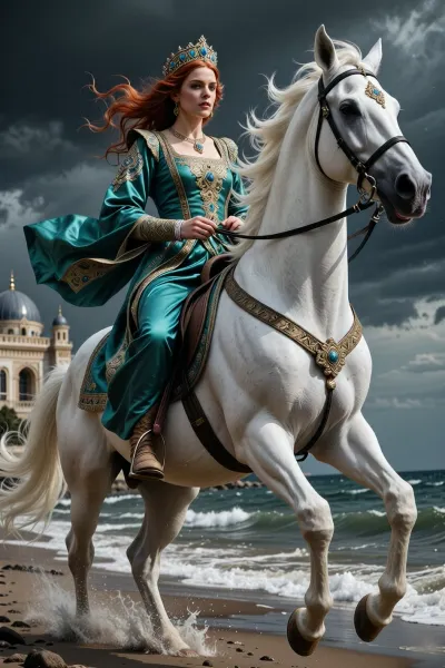 A cinematic wide shot from a low angle, in which Roxelana, (Hürrem Sultan), is seen in a dramatic pose, galloping at full speed on a majestic white Arabian steed along a stormy seashore. She wears an exquisite 16th-century Ottoman silk caftan in an emerald green colour and a flowing crown. The wind blows her bright auburn hair about. Award-winning anatomical accuracy. In the background, a majestic 16th-century palace, dramatic lighting, ultra-high detail, a photographic masterpiece, photorealism