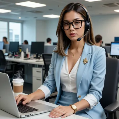 A photorealistic, medium shot of a young Asian businesswoman seated in a modern office environment. She has shoulder-length, straight brown hair with subtle blonde highlights and wears large, black-rimmed rectangular glasses. Her expression is serious and focused, gazing directly at the camera. She is wearing a light blue, tailored blazer over a white V-neck blouse, paired with matching light blue skirt pants. A gold leaf-shaped brooch adorns her left lapel. Accessories include a gold watch on her left wrist and a delicate gold necklace with a small pendant. She wears a black over-ear headset with a microphone boom positioned near her mouth. Her right hand rests on the keyboard of a silver laptop placed on a white desk, while her left hand sits on her thigh. A disposable coffee cup with steam rising from it sits on the desk beside the laptop. The background features a blurred open-plan office with rows of desks, computer monitors, and other employees working, creating depth. The lighting is bright and even, typical of an office space with overhead fluorescent lights and natural light from windows, casting soft shadows. The colour palette consists of cool blues, whites, and skin tones, accented by the gold jewellery. The image has a high-definition, 3D render aesthetic with sharp focus on the subject and a shallow depth of field for the background.