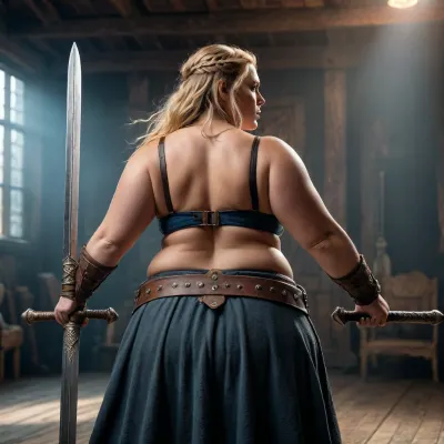Big beautiful woman with big tits looking like a viking fighting with a sword. Rear view