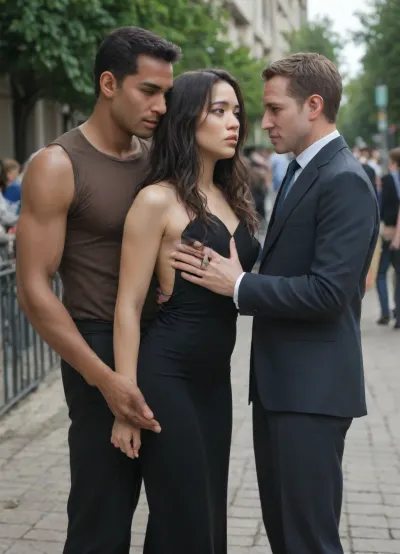 cuckold scene, 1woman, 2man, huge African muscleman, african holding woman, pervert, humiliated husband, submissive hetero couple, slut, grabbing, sad, elegant, a muscular round butt, Asian young woman, asian woman, slim belly, young wife, (flat chested), (woman in black high-slit dress, wavy long hair, no underwear), (erected nipple), another white man black hair in suit near watching, intimate embrace, crowded park background