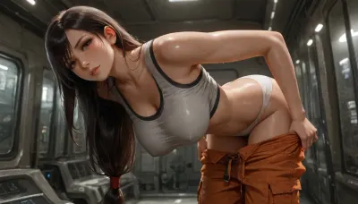 high quality, photorealistic, in messy old spaceship, electronic s-f devices, woman, tifa lockhart, dirty, sweating, (black long hair), freckles, slim, (orange cargo pants), (grey tank top), (big erect nipples), undressing, white panties, (pulling down pants), (looking at viewer)