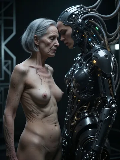 Full-body view from a distance of 6 meters, head to toe. A cinematic sci-fi fantasy artwork, (an aged nude pilot woman, 70 years old, her skin is that of a 70-year-old woman. The old lady has grey, Small, long, and very saggy breasts, old, wrinkled, sagging skin typical of her age, (70), with stretch marks, (very detailed skin), . Hair cut in a bob. She makes love with a young man of 30 years old, (masterpiece, best quality:1.2), cinematic portrait of a futuristic cyborg woman, biomechanical aesthetic inspired by H.R. Giger, intricate mechanical details on her dark textured skin, hair formed of complex cybernetic cables and organic-looking wires, glowing highlights, sharp facial features, side profile looking down, melancholy expression, monochromatic color palette with subtle silver and metallic tones, minimalist industrial background with faint geometric patterns, high contrast lighting, dark shadows, sharp focus, hyper-realistic, intricate sci-fi texture, sci-fi concept art, dark atmosphere.)