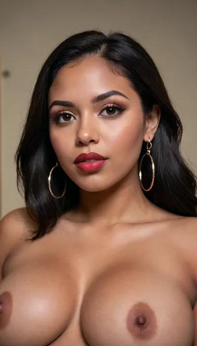 Insanely close up detailed photo of an latin 28-year-old girl, curvy body, latina, black straight hairs, full lips, (((lipstick))), very big eyes, make up, dark skin, (dark skin cinnamon), (nude:1.2), (naked:1.3), (((no clothes))), (((with elastic big breasts))), (((round earrings))), (different poses), (showing her butts), (pussy visible:1.3), sexy, beautiful, tanned, with a perfect face, detailed face, (detailed hair, light hairstyle:1.1), (shiny dark skin body, realistic sweat:1.1), straight hairs, black hairs, earrings, nose earrings, Looking at the camera, in a dark room, lots of details, three-dimensional, epic, clear focus, depth of field, professional lighting, full view, 8k photography, HDR, the picture was taken on Canon EOS R5, 75 mm lens