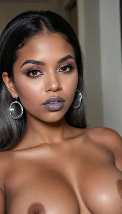 Insanely close up detailed photo of an latin 28-year-old girl, curvy body, latina, black straight hairs, full lips, (((grey lipstick))), very big eyes, eyes shade make up, dark skin, (dark skin cinnamon), (nude:1.2), (naked:1.3), (((no clothes))), (((with elastic big breasts))), (((bubble earrings))), (different poses), (showing her butts), (pussy visible:1.3), sexy, beautiful, tanned, with a perfect face, detailed face, orgasm face, (detailed hair, light hairstyle:1.1), (shiny dark skin body, realistic sweat:1.1), straight hairs, black hairs, earrings, nose earrings, Looking at the camera, in a dark room, lots of details, three-dimensional, epic, clear focus, depth of field, professional lighting, full view, 8k photography, HDR, the picture was taken on Canon EOS R5, 75 mm lens