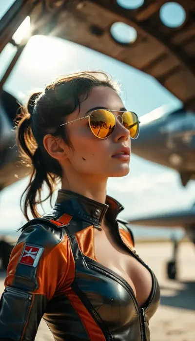 Masterpiece, view from below, French 30 years old woman, tall, ((strict ponytail black hair)), sexy, seductive face, tanned, heavy eyeliner, large natural boobs, ((black jet fighter pilot suit)), (deep cleavage), ((standing)), military airfield, bright sun, perfect hands, ((mirror aviator sunglasses)), <lora:style_lora_realis:.8>, <lora:MJ52:.8>, looking, at, viewer, <lora:looking_at_viewer:.8>