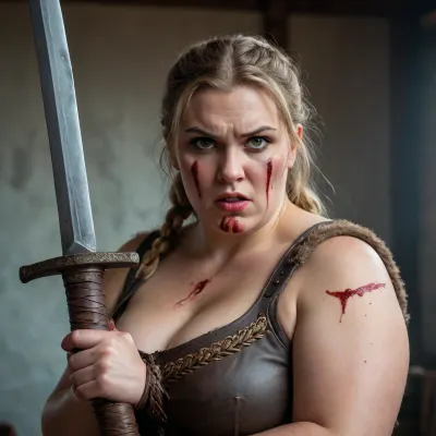 Big beautiful woman with big tits looking like a viking fighting with a sword. Front view. With an angry face and some blood on her face